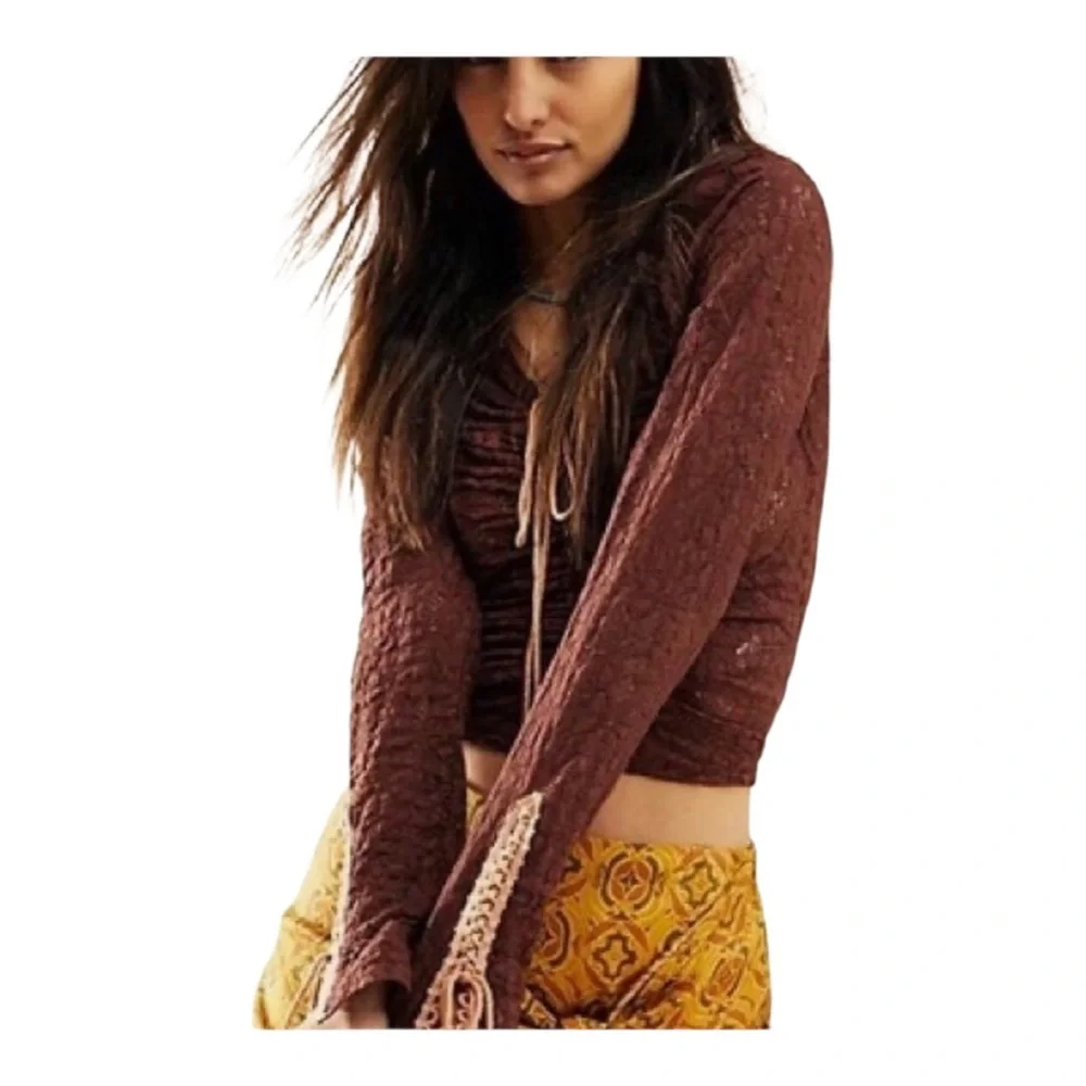 Free People Lilah brown lace long-sleeve top XS